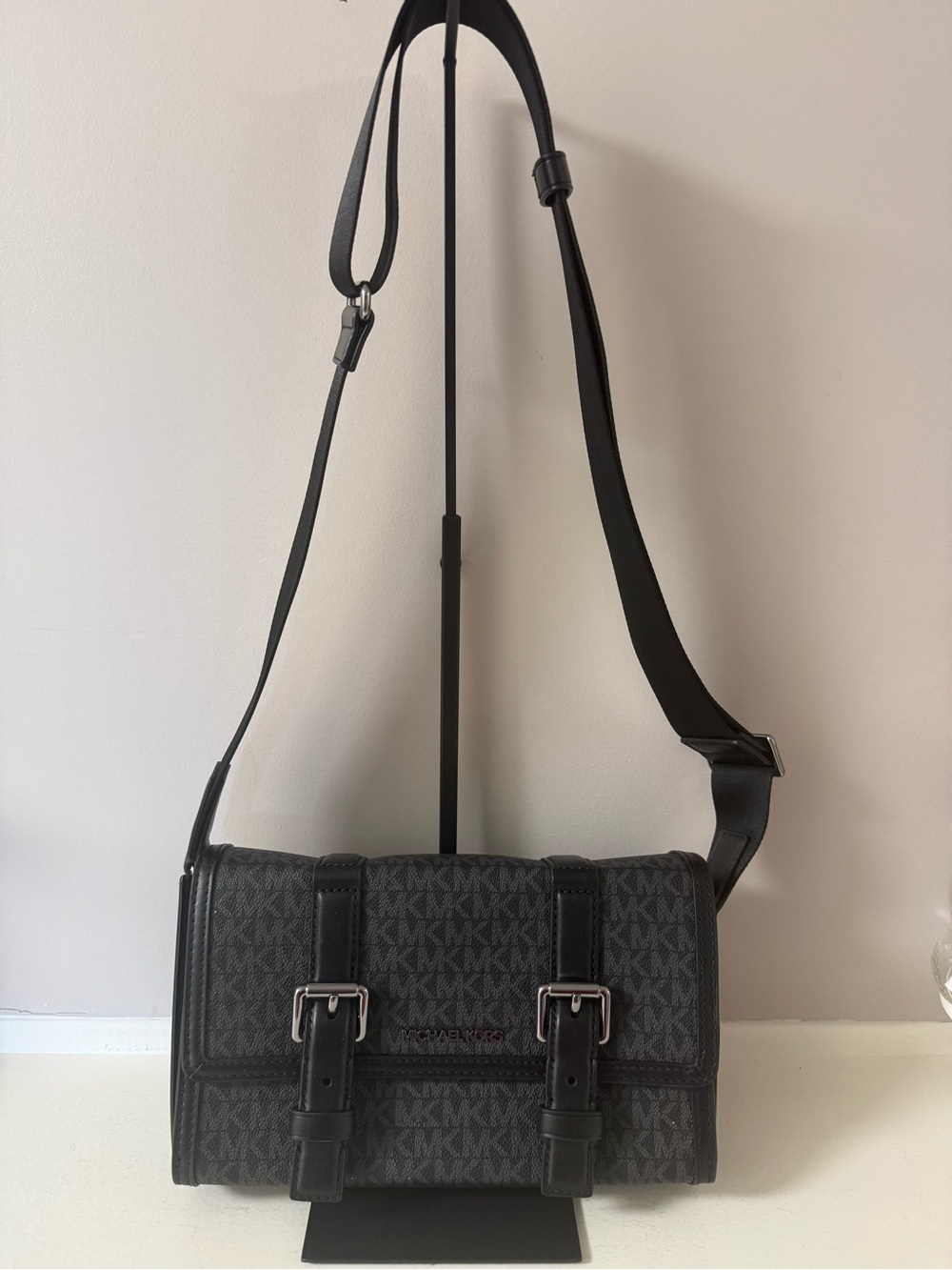 NWOT! Michael Kors Men’s Black Logo-Print Messenger Bag with Buckle Straps